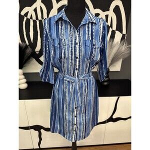 Millenium Blue Stripe Shirt Dress Belted Women’s Small Roll Tab Sleeve